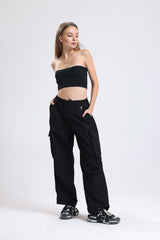Siyah Yüksek Bel Wide Leg Kabanlık Gabardin Kargo Pantolon