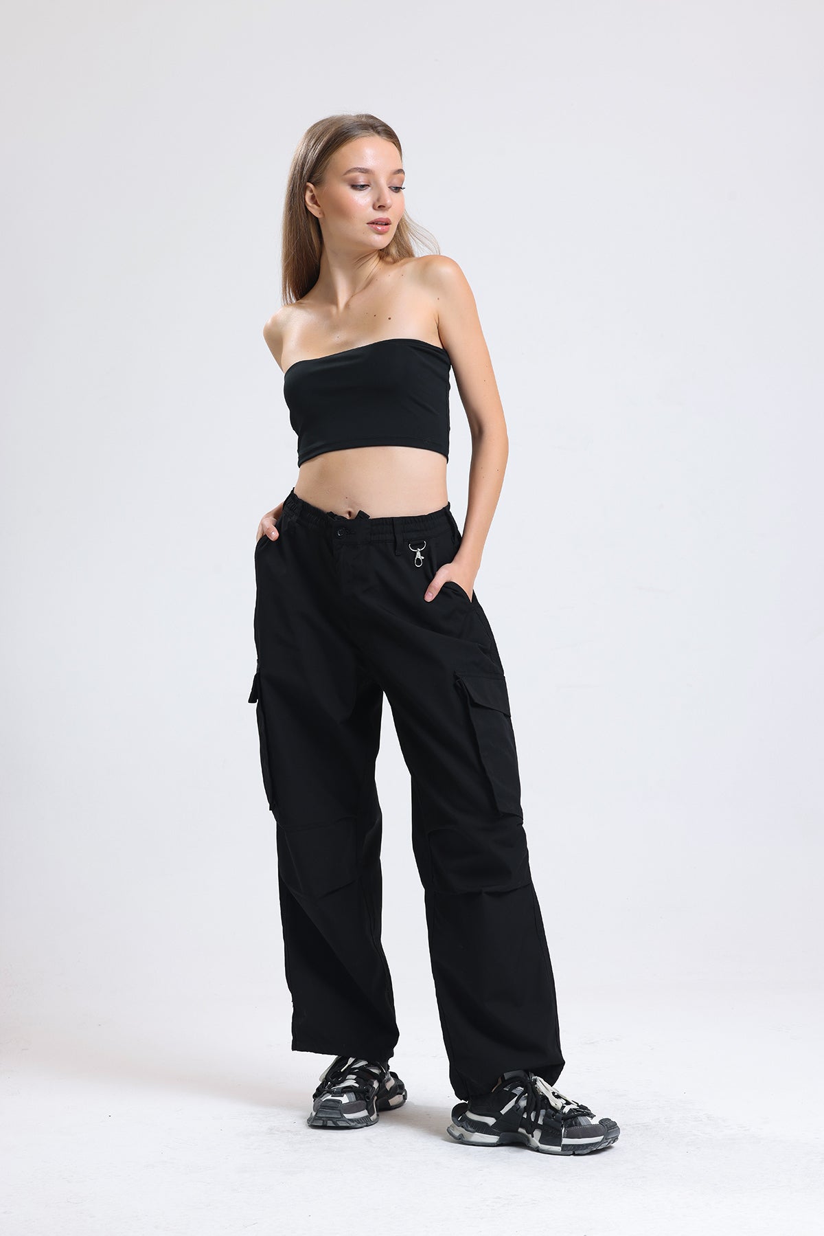 Siyah Yüksek Bel Wide Leg Kabanlık Gabardin Kargo Pantolon