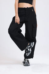 Siyah Yüksek Bel Wide Leg Kabanlık Gabardin Kargo Pantolon