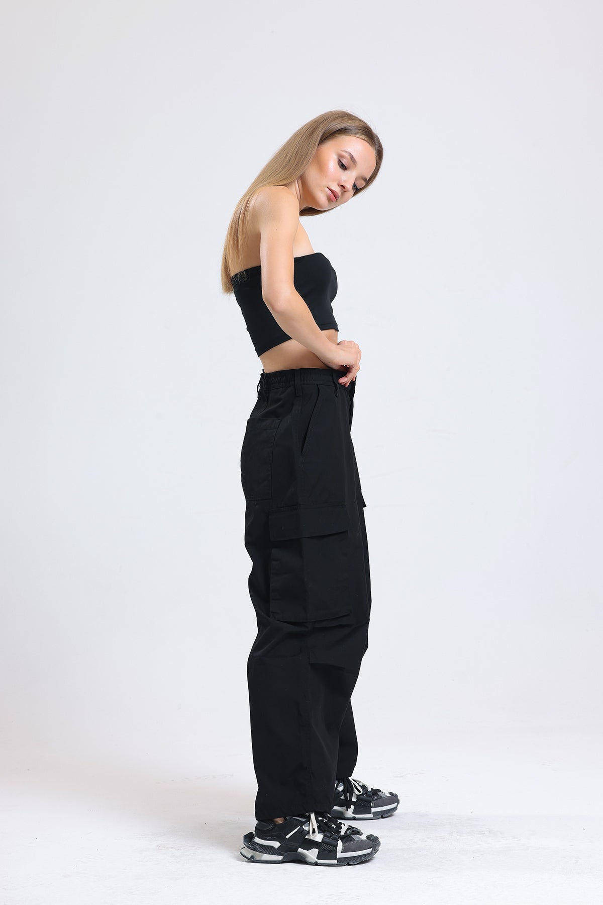 Siyah Yüksek Bel Wide Leg Kabanlık Gabardin Kargo Pantolon