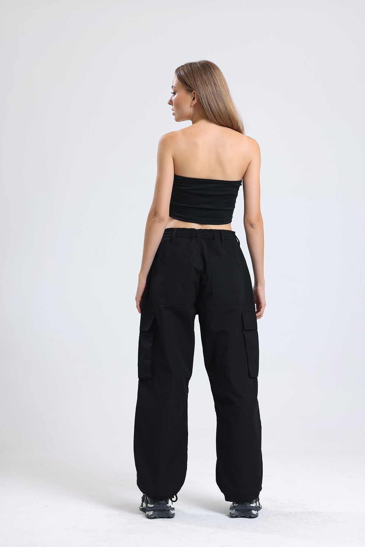 Siyah Yüksek Bel Wide Leg Kabanlık Gabardin Kargo Pantolon