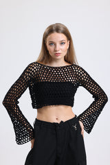 Siyah El Örgüsü Ajurlu İspanyol Kol Crop Bluz