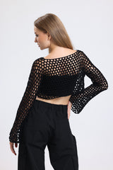 Siyah El Örgüsü Ajurlu İspanyol Kol Crop Bluz