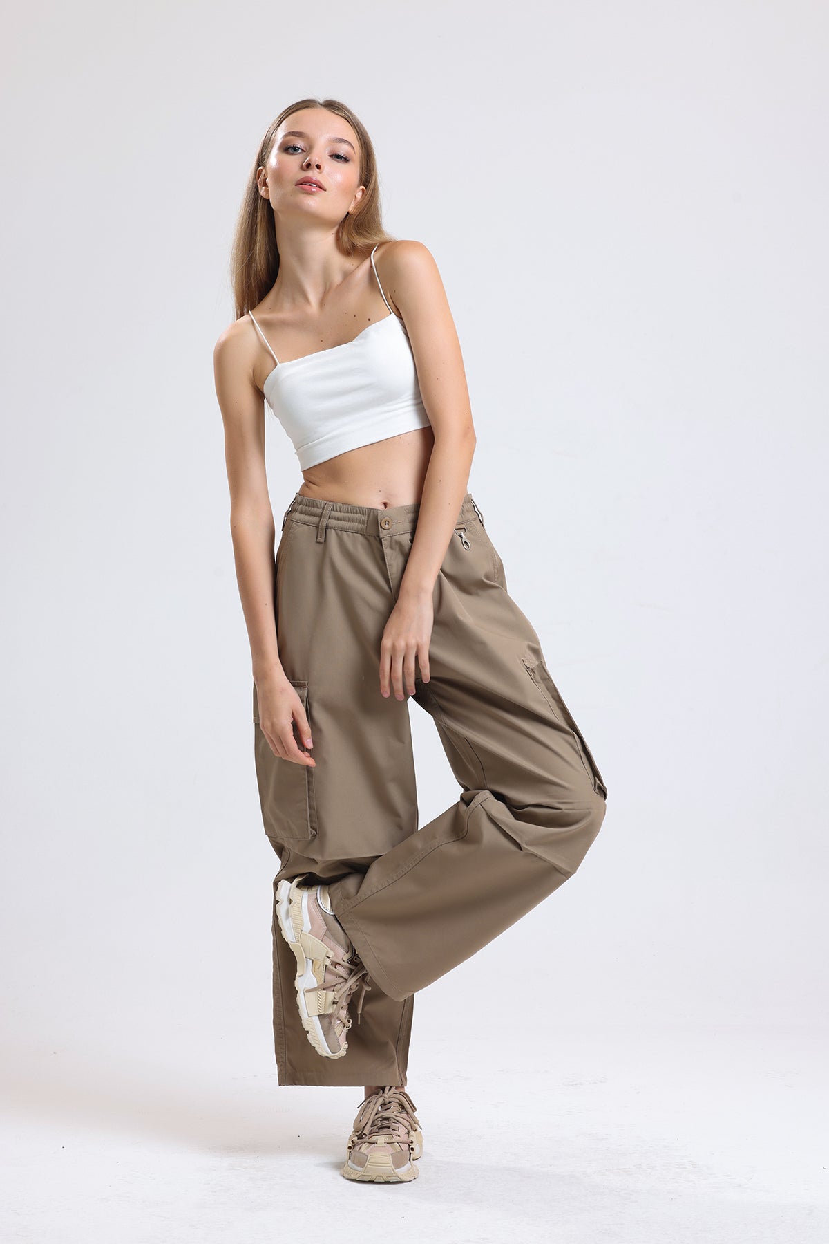 Camel Yüksek Bel Wide Leg Kabanlık Gabardin Kargo Pantolon