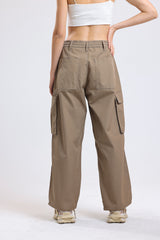 Camel Yüksek Bel Wide Leg Kabanlık Gabardin Kargo Pantolon