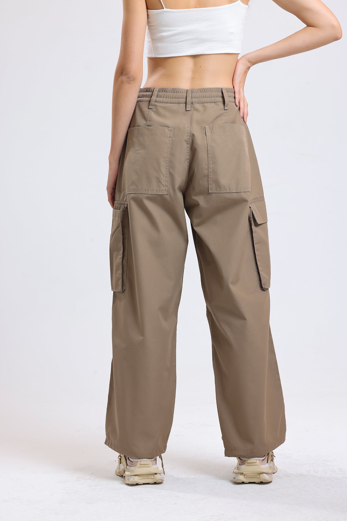 Camel Yüksek Bel Wide Leg Kabanlık Gabardin Kargo Pantolon