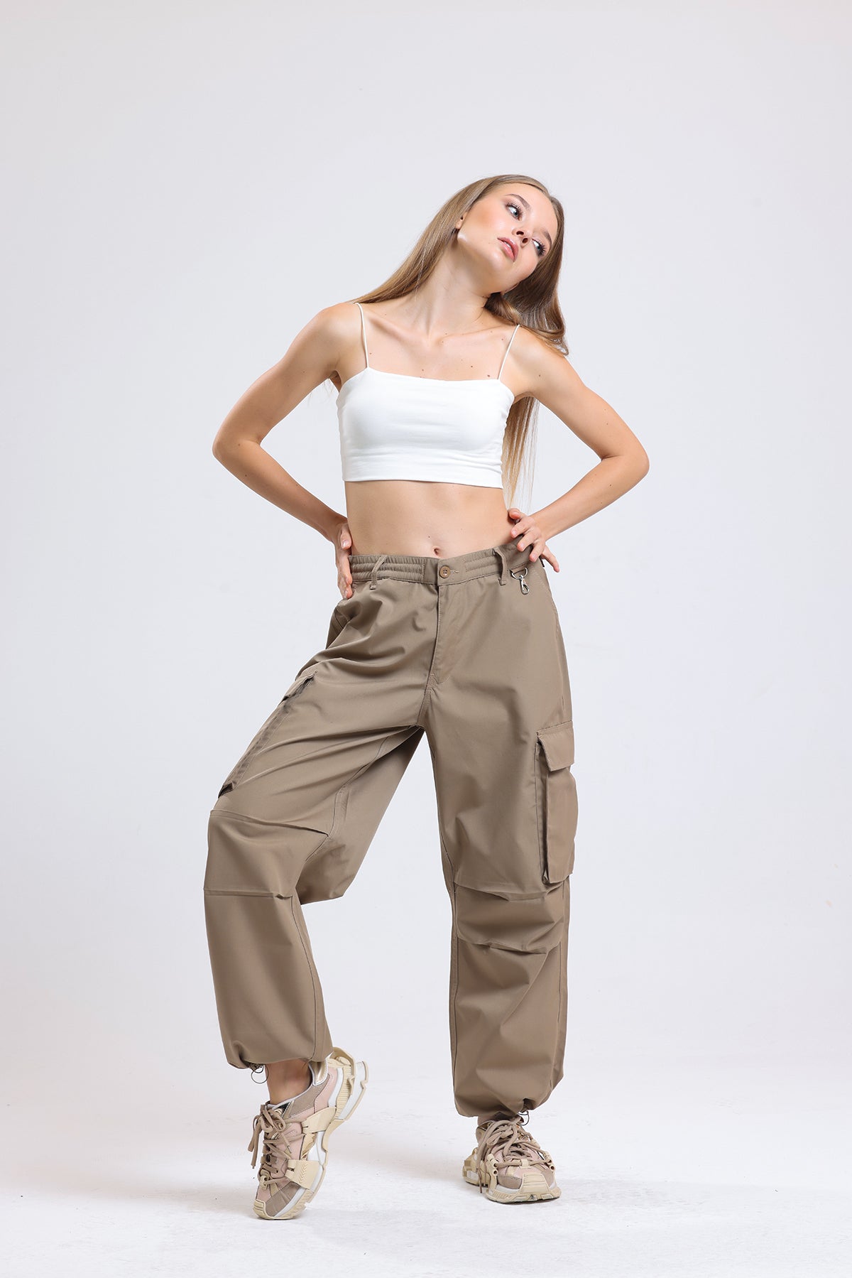 Camel Yüksek Bel Wide Leg Kabanlık Gabardin Kargo Pantolon