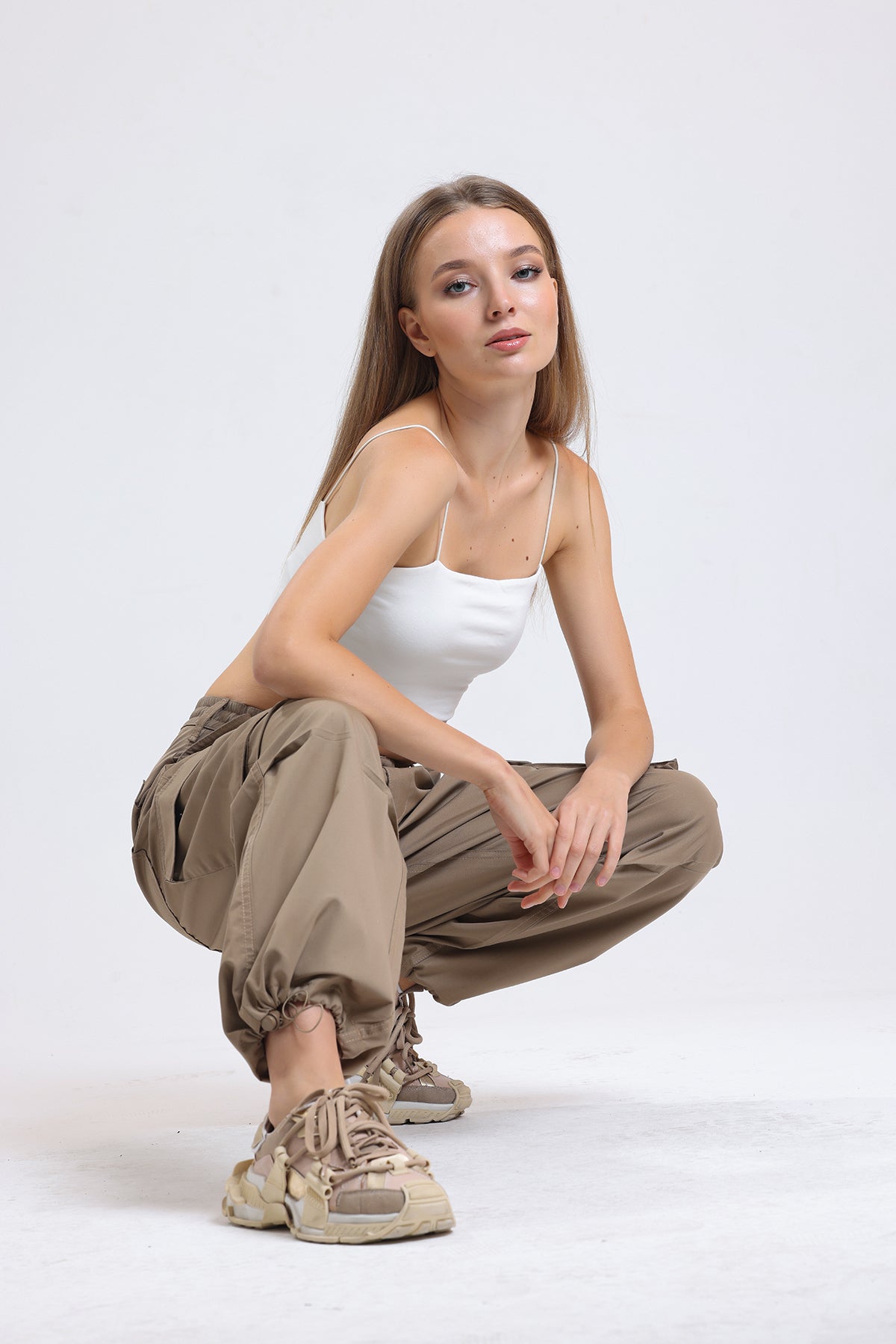 Camel Yüksek Bel Wide Leg Kabanlık Gabardin Kargo Pantolon