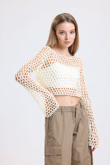 Krem El Örgüsü Ajurlu İspanyol Kol Crop Bluz