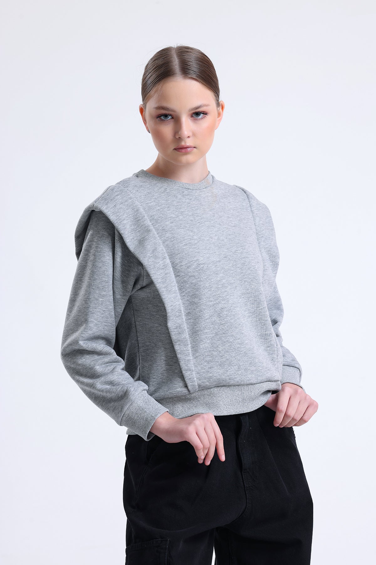 Gri Melanj Omuz Detaylı Bisiklet Yaka Sweatshirt