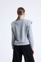 Gri Melanj Omuz Detaylı Bisiklet Yaka Sweatshirt