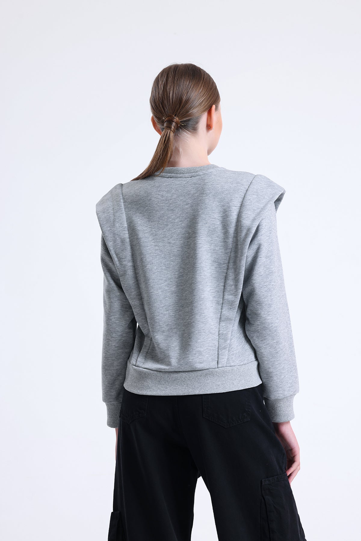 Gri Melanj Omuz Detaylı Bisiklet Yaka Sweatshirt