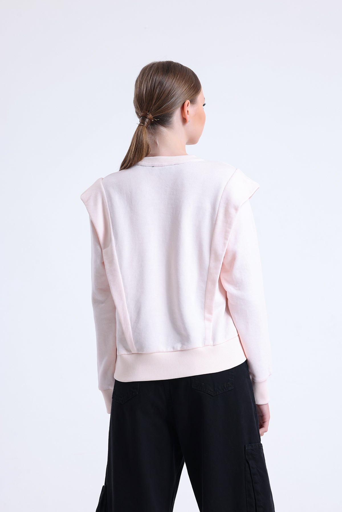 Pudra Omuz Detaylı Bisiklet Yaka Sweatshirt