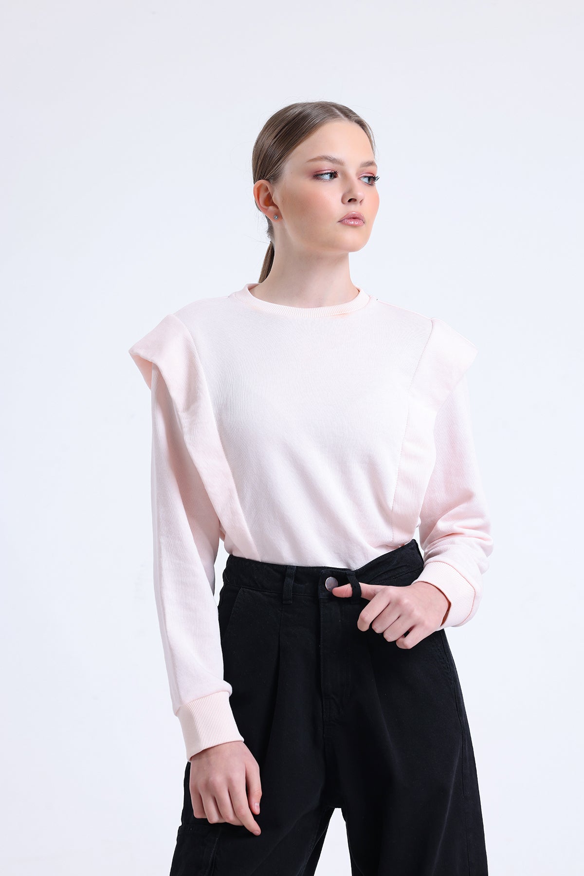 Pudra Omuz Detaylı Bisiklet Yaka Sweatshirt