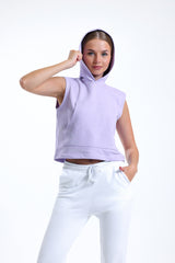 Lila Kolsuz Kapüşonlu Crop Sporcu Atlet Tişört