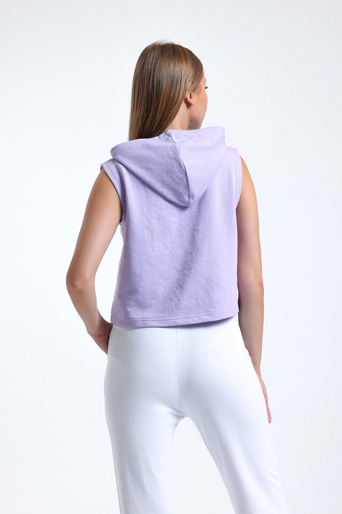 Lila Kolsuz Kapüşonlu Crop Sporcu Atlet Tişört