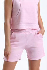 Pembe Paça Detaylı Cepli Yüksek Bel Kısa Sweat Şort