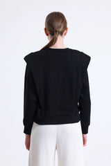 Siyah Omuz Detaylı Bisiklet Yaka Sweatshirt