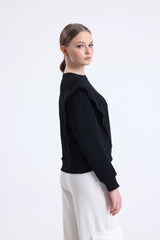 Siyah Omuz Detaylı Bisiklet Yaka Sweatshirt