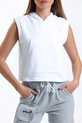 Beyaz Kolsuz Kapüşonlu Crop Sporcu Atlet Tişört