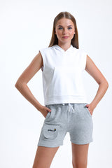 Gri Melanj Cep Detaylı Yüksek Bel Kısa Sweat Şort