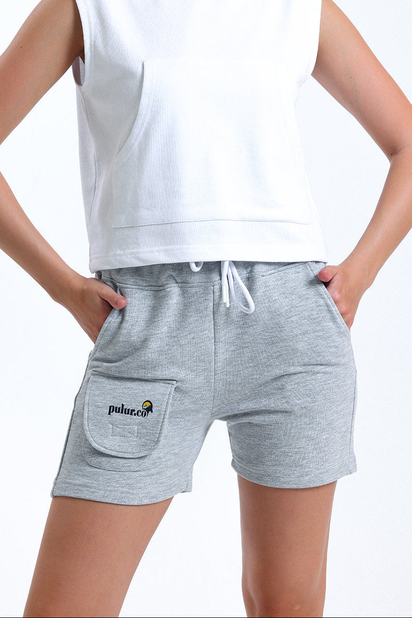 Gri Melanj Cep Detaylı Yüksek Bel Kısa Sweat Şort