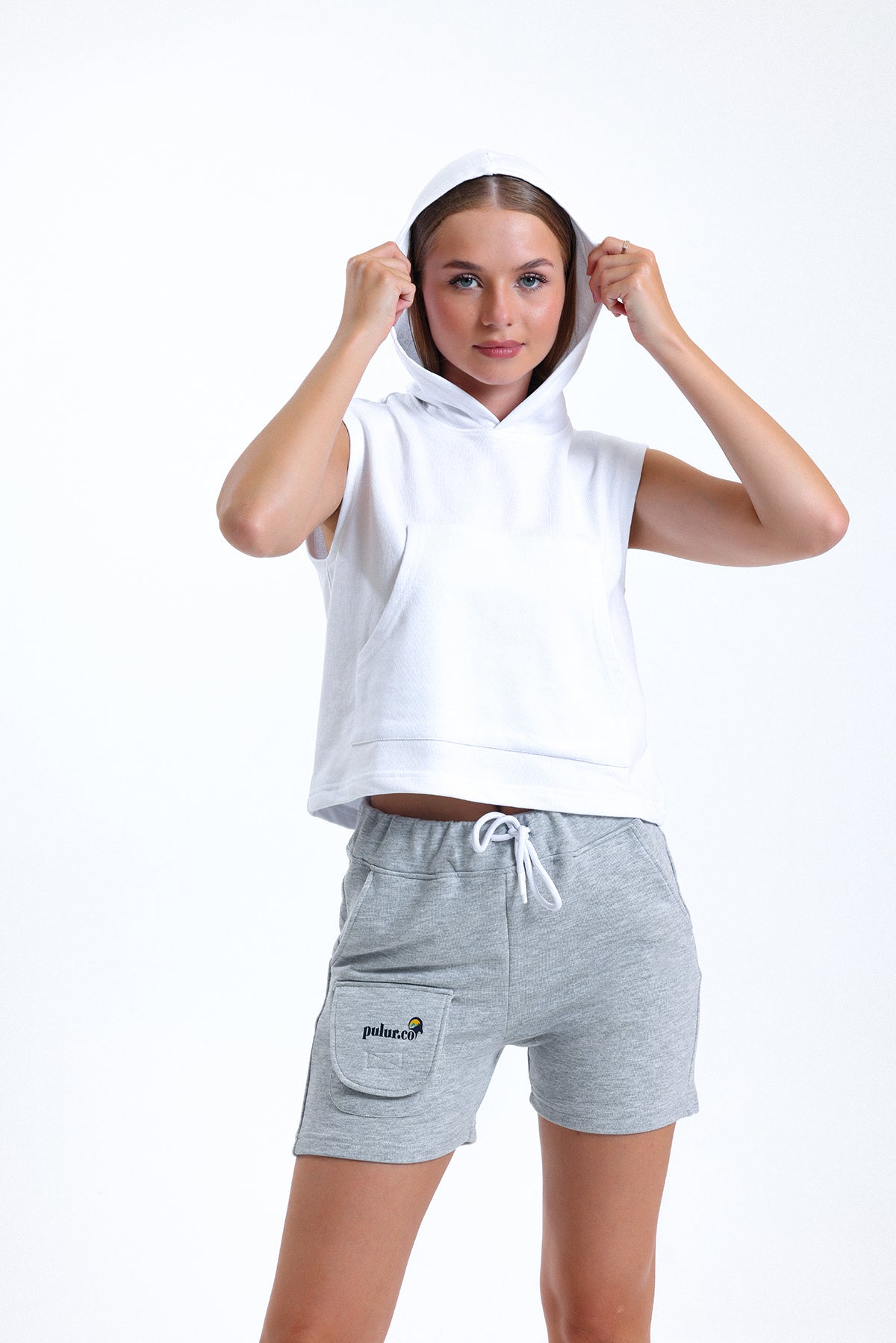 Gri Melanj Cep Detaylı Yüksek Bel Kısa Sweat Şort