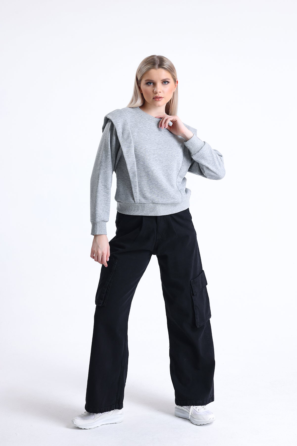 Gri Melanj Omuz Detaylı Bisiklet Yaka Sweatshirt