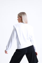 Beyaz Omuz Detaylı Bisiklet Yaka Sweatshirt