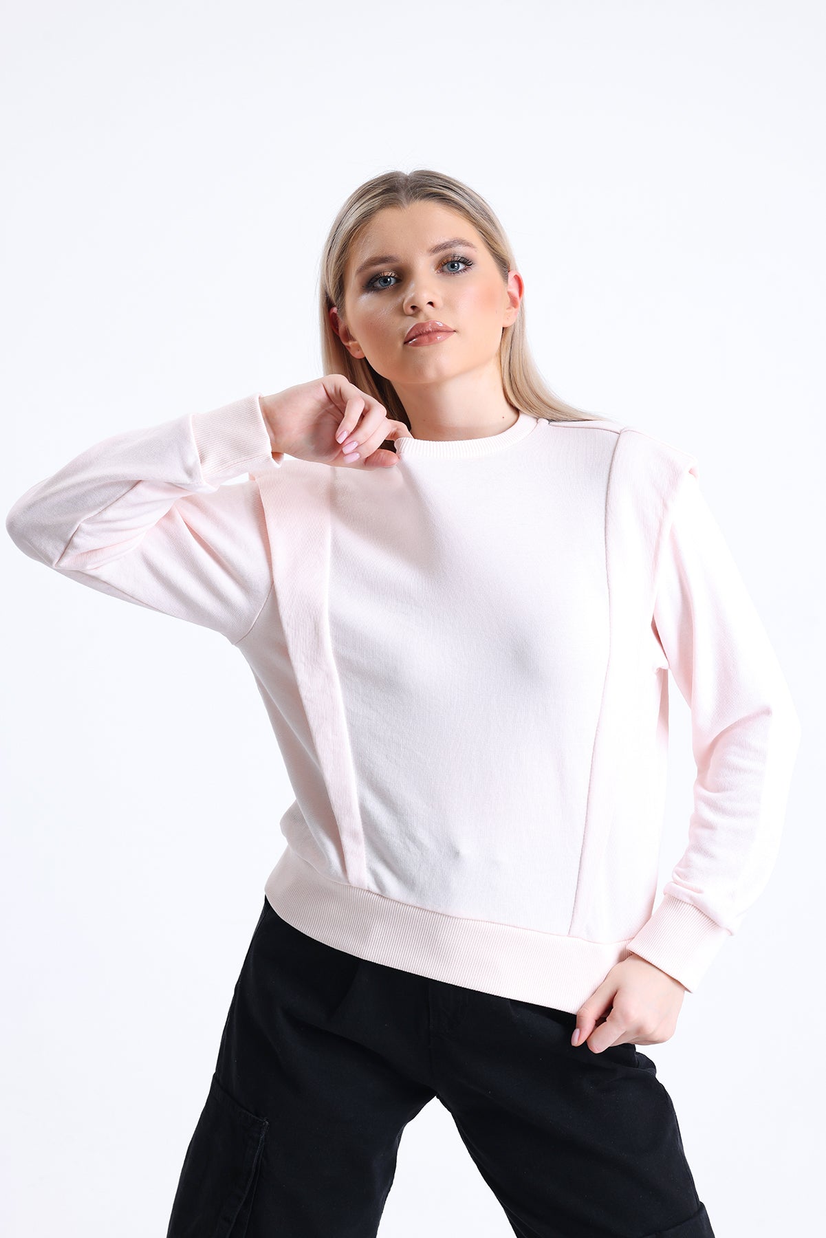 Pudra Omuz Detaylı Bisiklet Yaka Sweatshirt