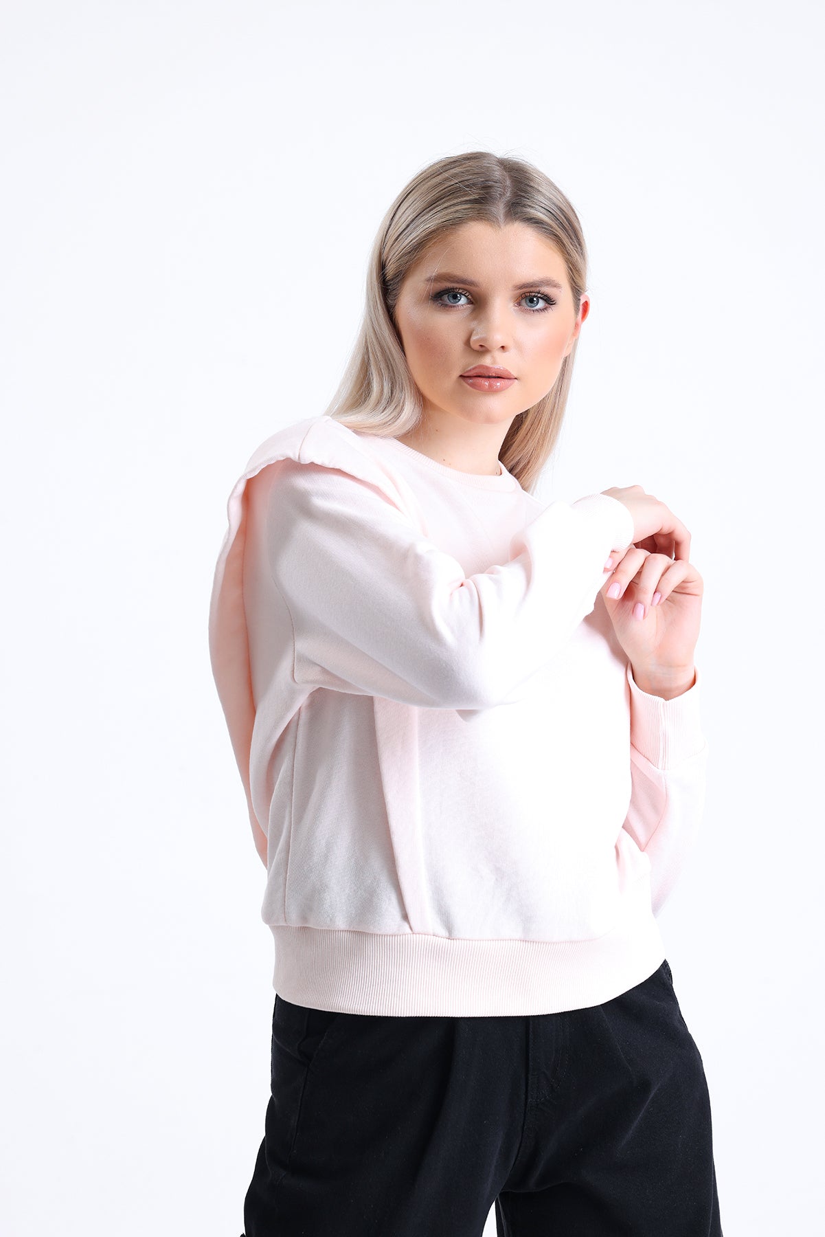 Pudra Omuz Detaylı Bisiklet Yaka Sweatshirt