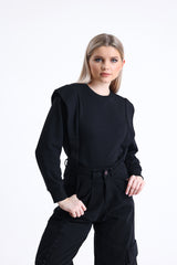 Siyah Omuz Detaylı Bisiklet Yaka Sweatshirt