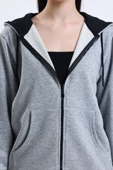 Gri Melanj Kapüşonlu Pamuklu Fermuarlı Hırka