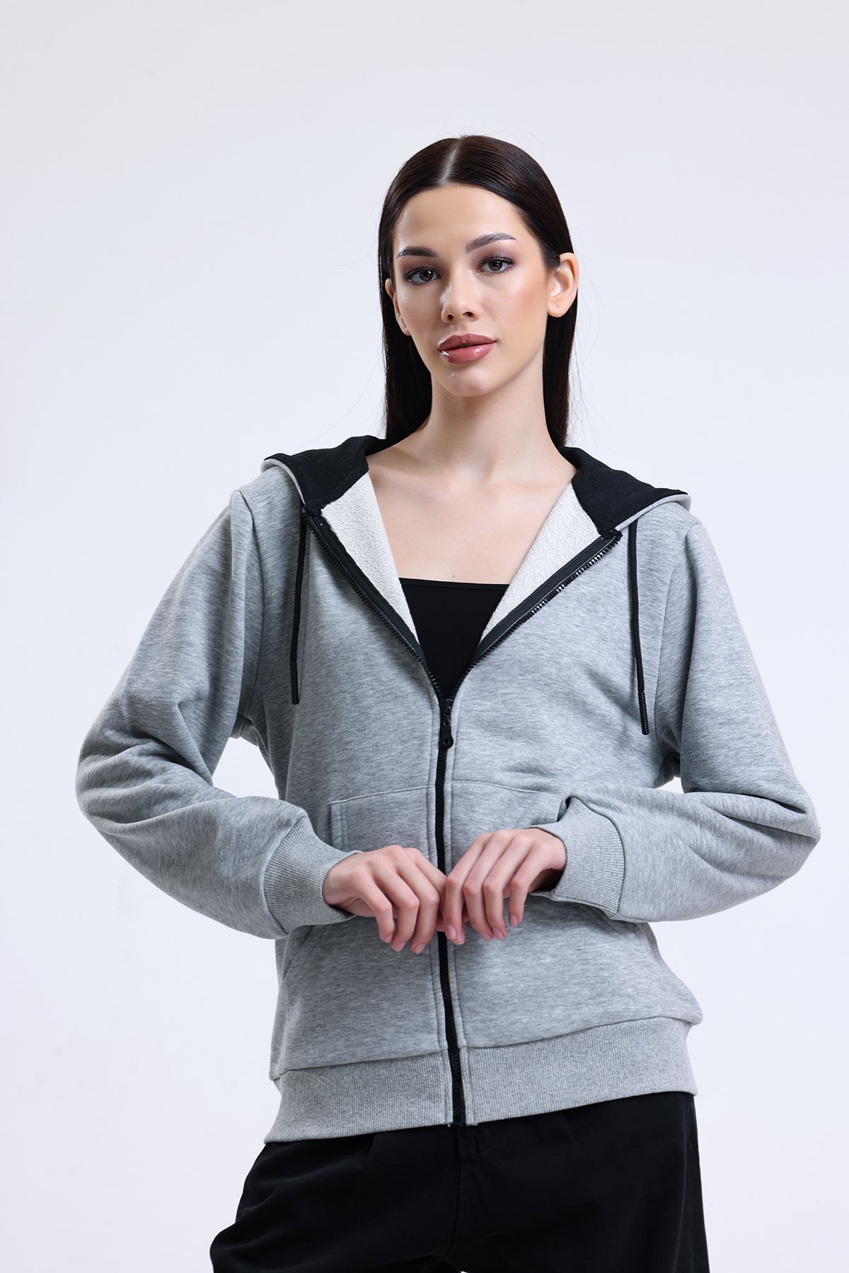 Gri Melanj Kapüşonlu Pamuklu Fermuarlı Hırka