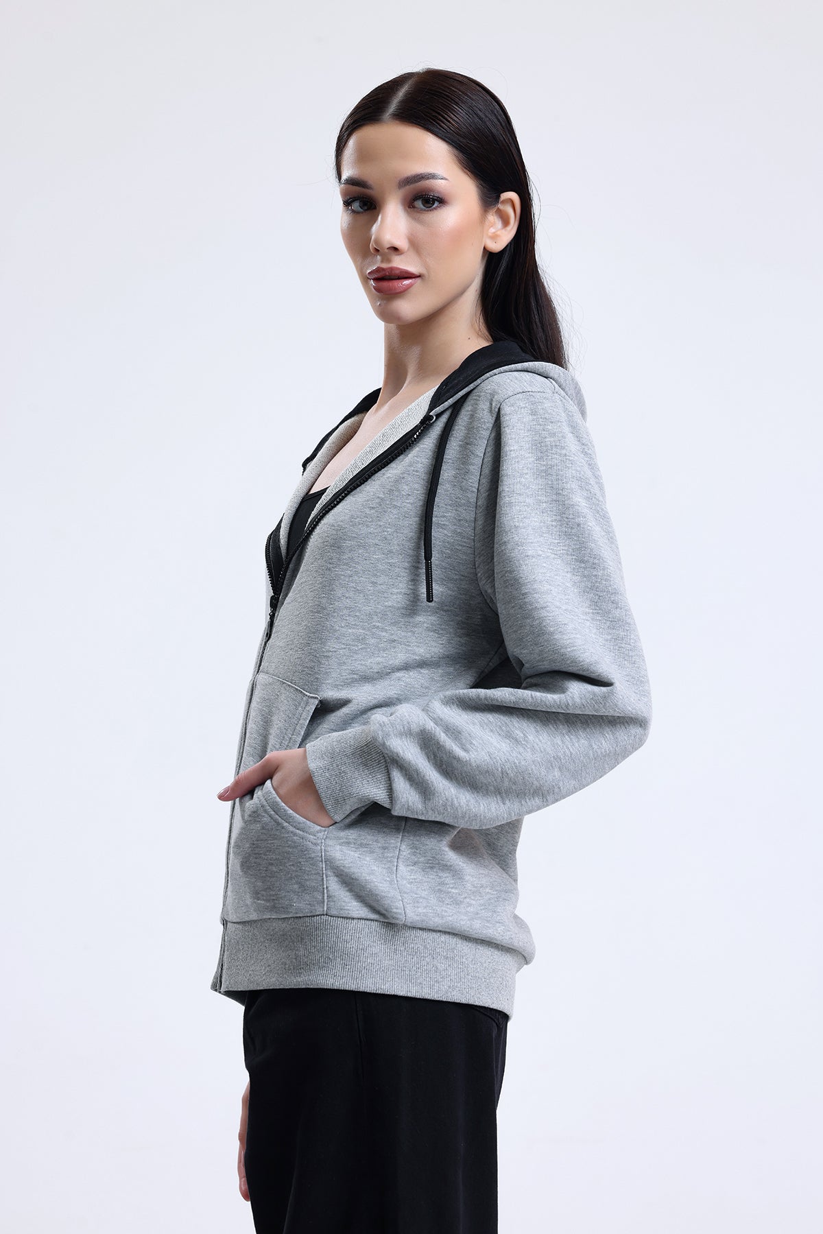 Gri Melanj Kapüşonlu Pamuklu Fermuarlı Hırka
