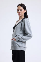 Gri Melanj Kapüşonlu Pamuklu Fermuarlı Hırka