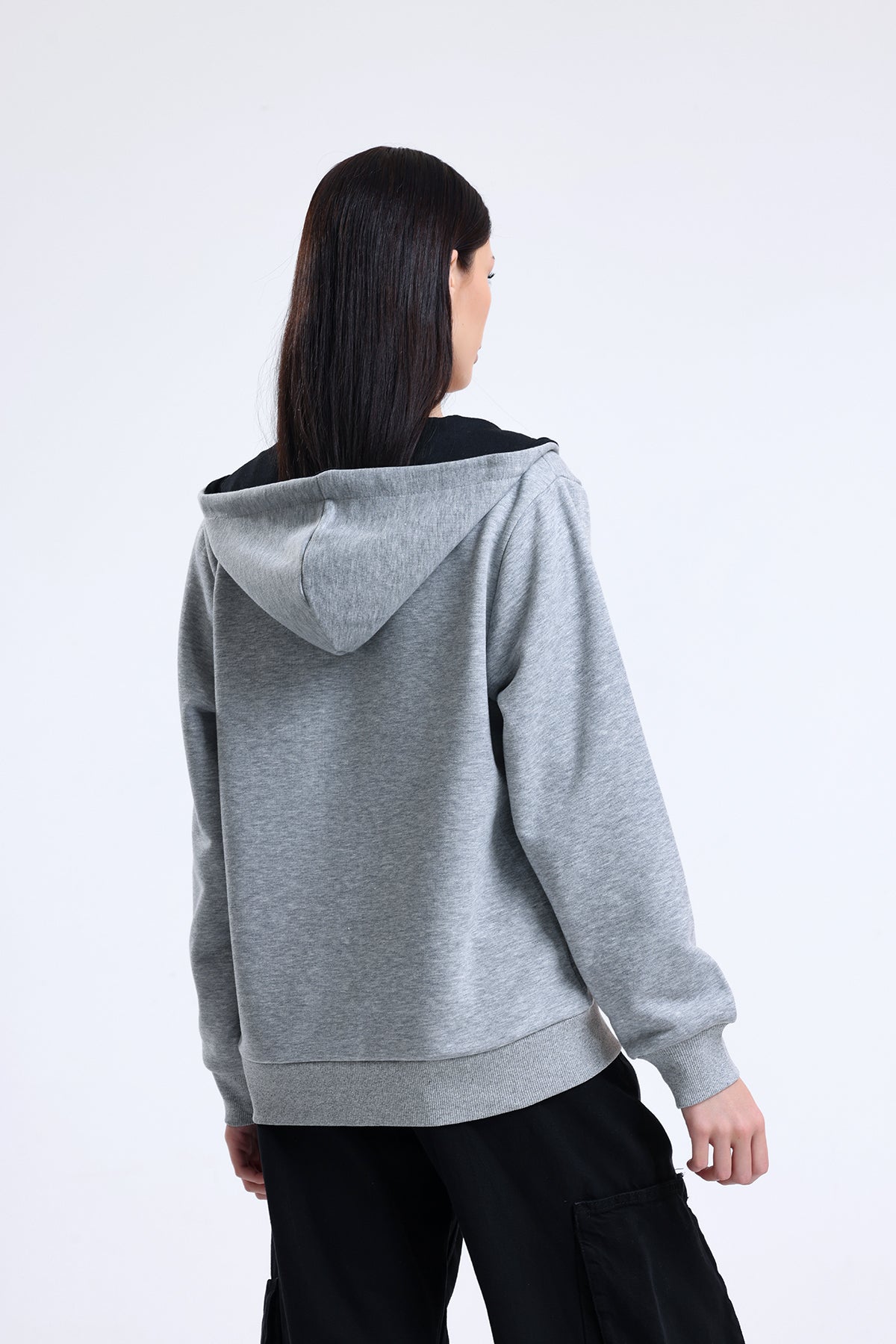 Gri Melanj Kapüşonlu Pamuklu Fermuarlı Hırka