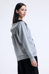 Gri Melanj Kapüşonlu Pamuklu Fermuarlı Hırka