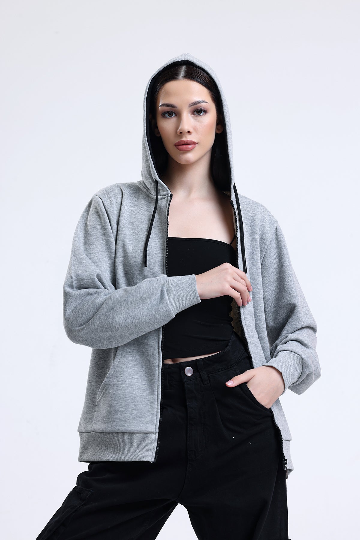 Gri Melanj Kapüşonlu Pamuklu Fermuarlı Hırka