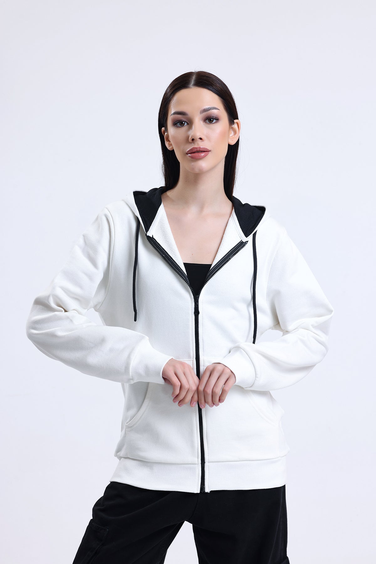 Ekru Kapüşonlu Pamuklu Fermuarlı Hırka