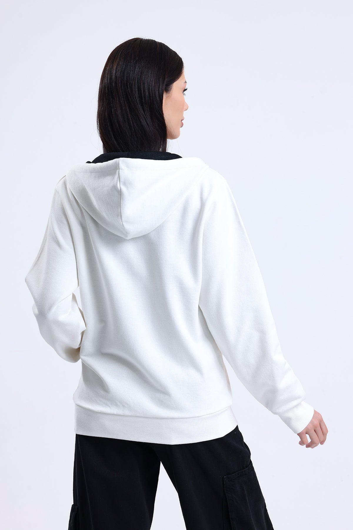 Ekru Kapüşonlu Pamuklu Fermuarlı Hırka