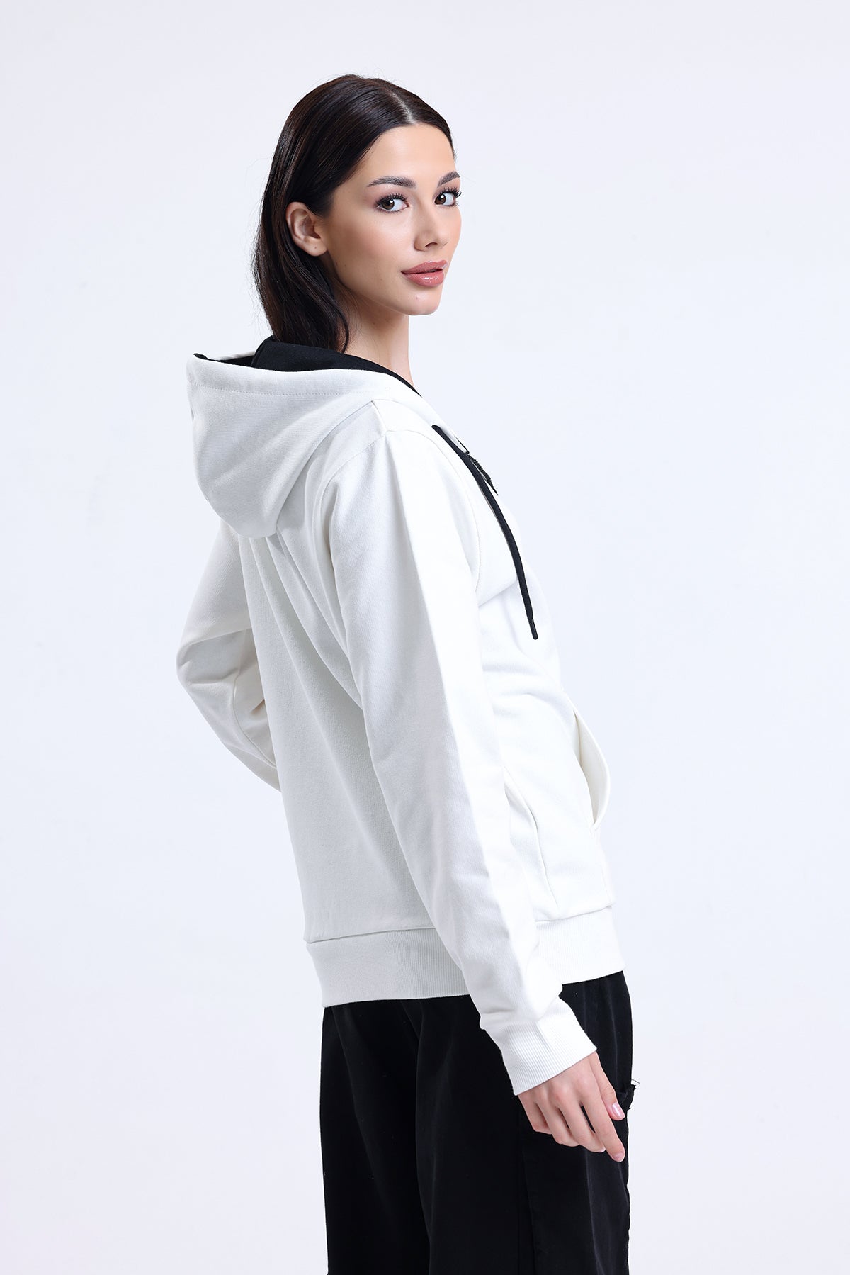 Ekru Kapüşonlu Pamuklu Fermuarlı Hırka