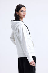 Ekru Kapüşonlu Pamuklu Fermuarlı Hırka