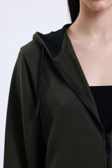 Haki Kapüşonlu Pamuklu Fermuarlı Hırka