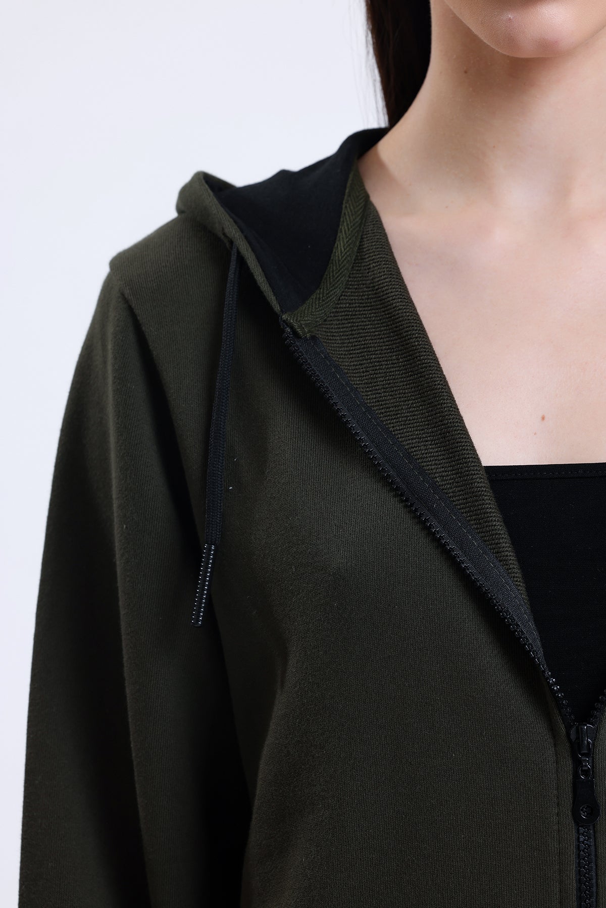 Haki Kapüşonlu Pamuklu Fermuarlı Hırka