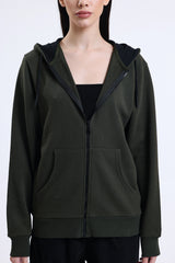 Haki Kapüşonlu Pamuklu Fermuarlı Hırka