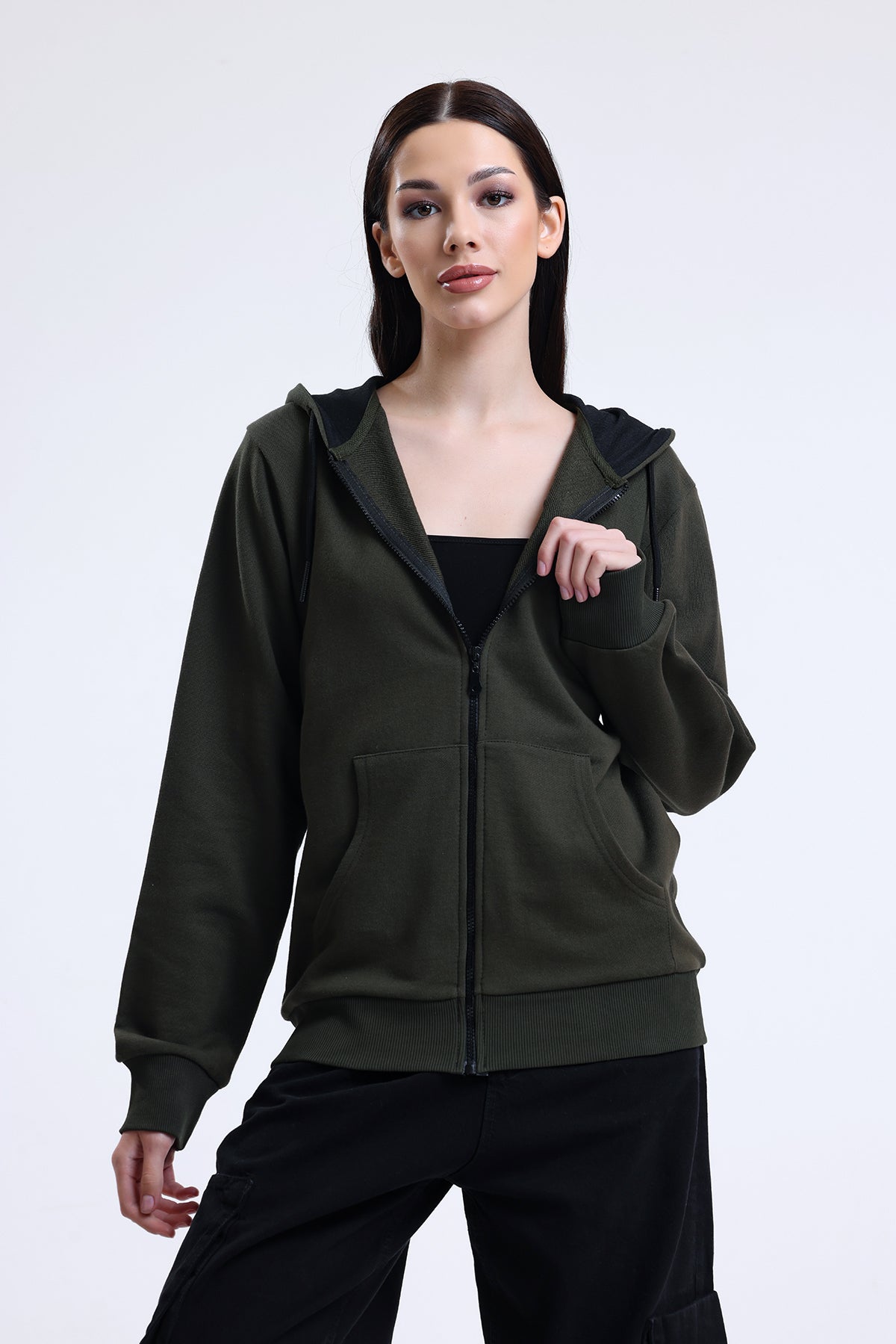 Haki Kapüşonlu Pamuklu Fermuarlı Hırka