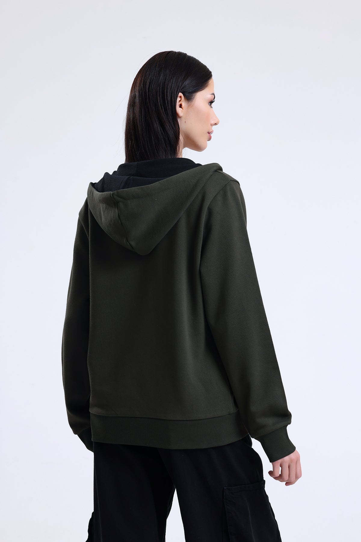 Haki Kapüşonlu Pamuklu Fermuarlı Hırka