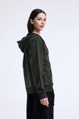 Haki Kapüşonlu Pamuklu Fermuarlı Hırka