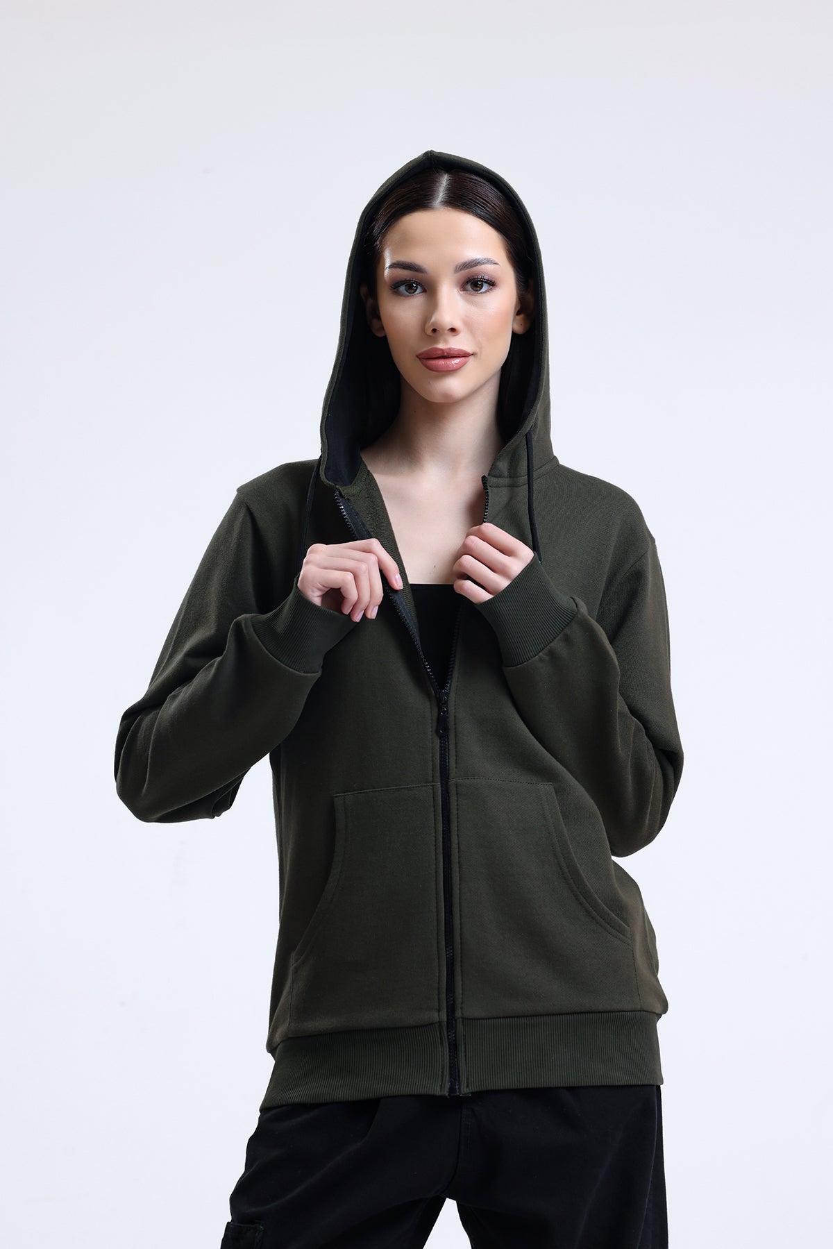 Haki Kapüşonlu Pamuklu Fermuarlı Hırka